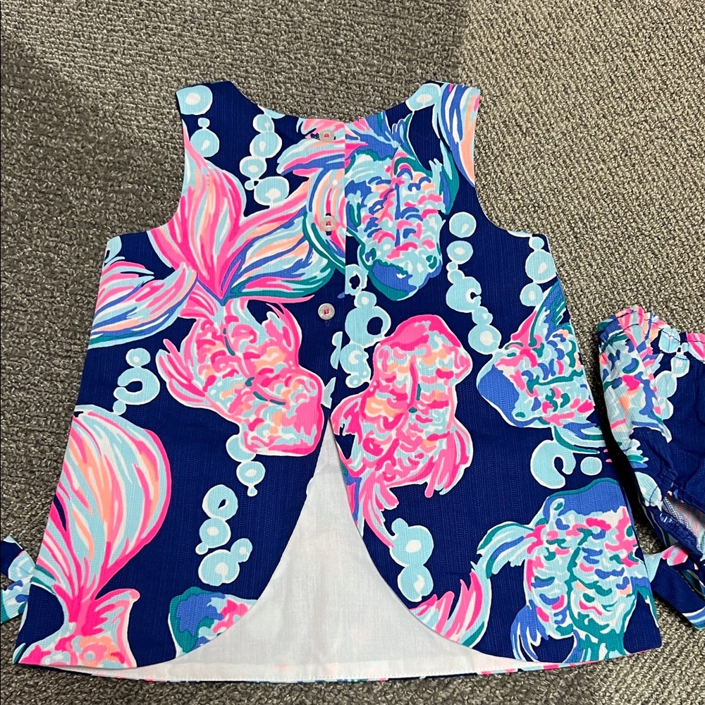 NWOT Lilly Pulitzer Blue and Pink Fish Print Baby Dress 12-18 months - Picture 2 of 3